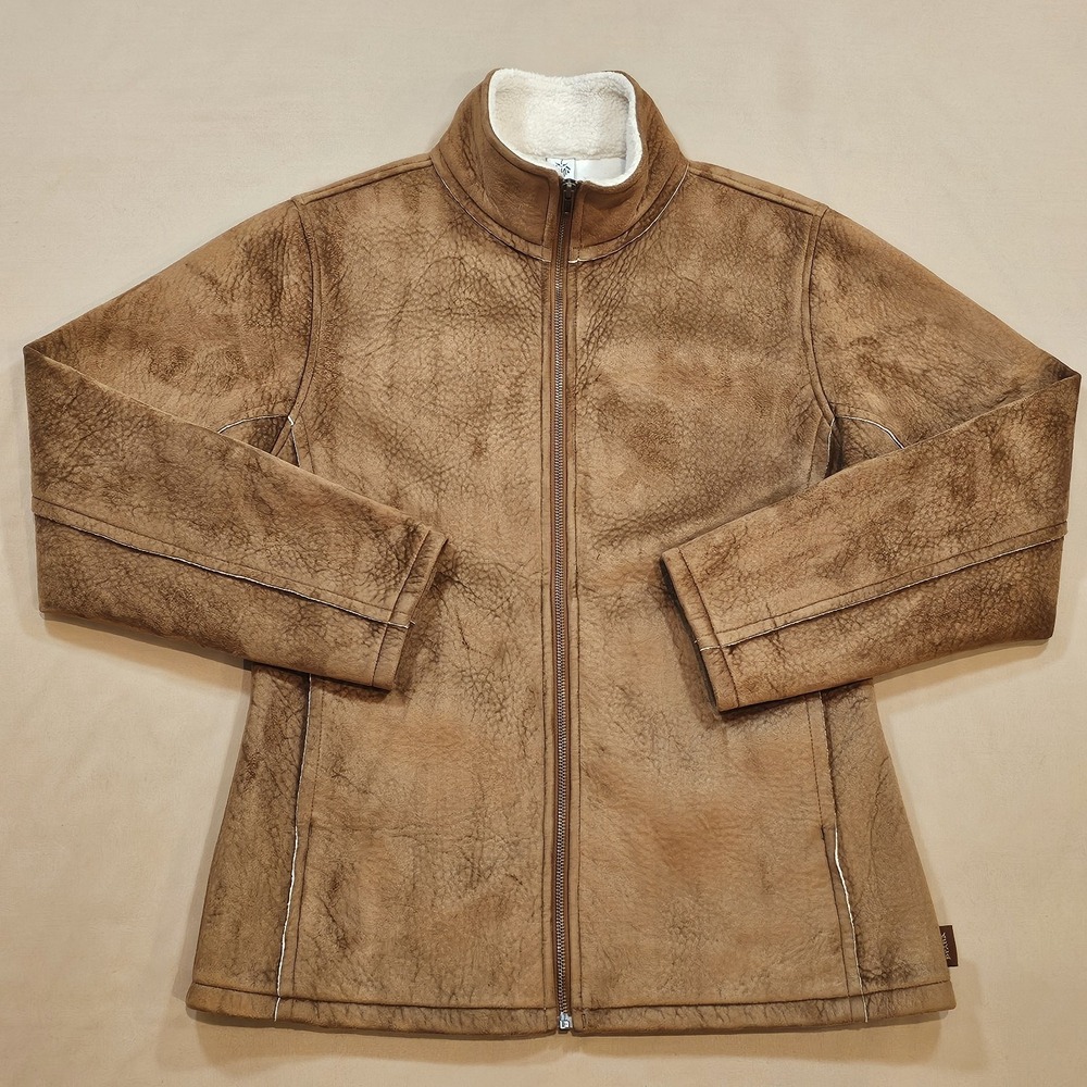 PrAna Breathe Faux Suede Brown Womens‎ L Full Zip Sherpa Collar Pockets